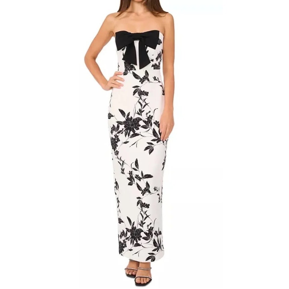 CeCe Womens Black & White Strapless Bow-Trim Floral Print Scuba Maxi Dress Sz 8